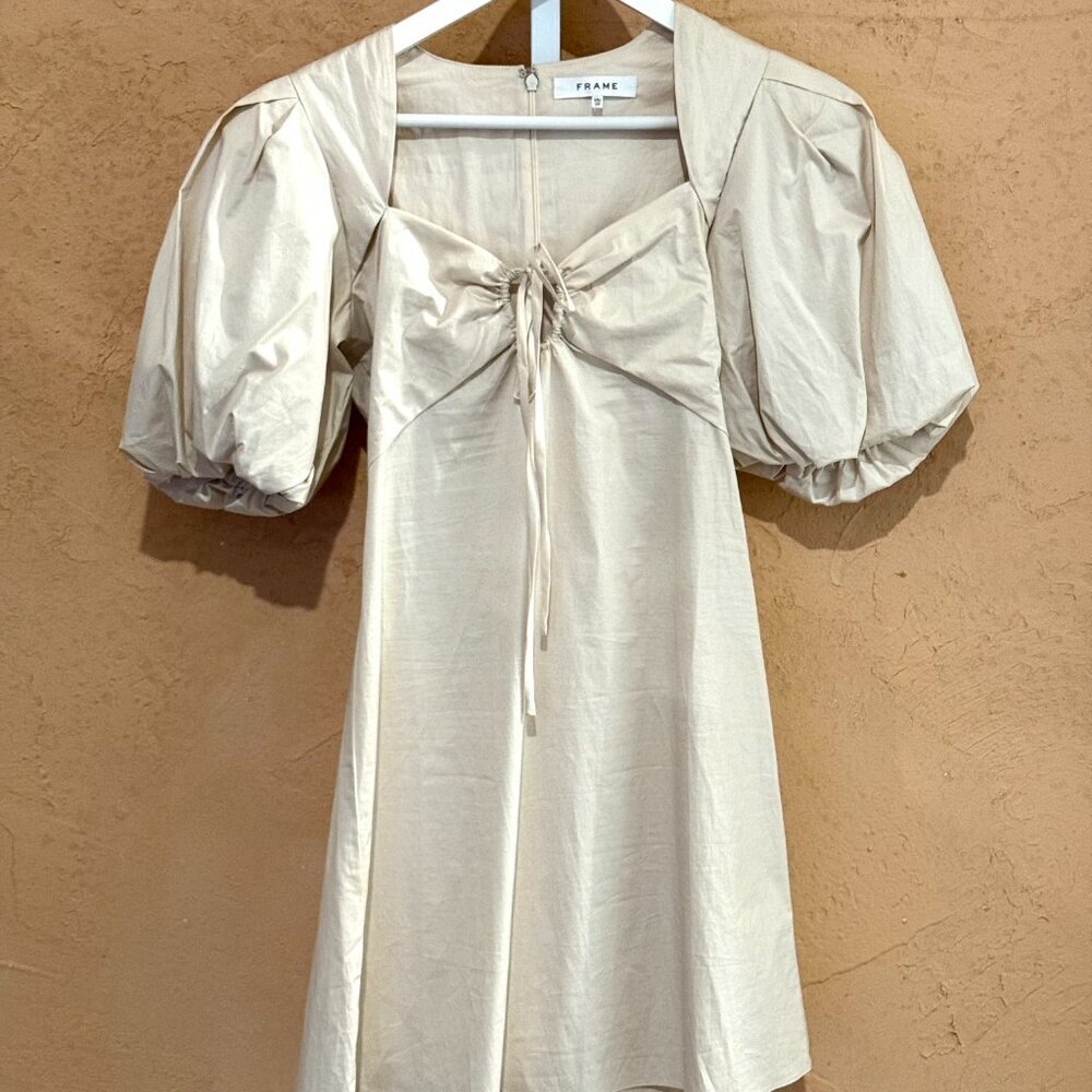 FRAME Off White Tie Neck Puff Sleeve Mini Dress Minimalist Soft Neutral XS - Picture 6 of 7